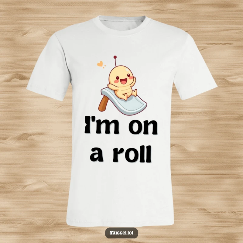 Funny mussel t-shirt character joyfully sliding down an imaginary slide, capturing a moment of pure bliss and playful adventure.