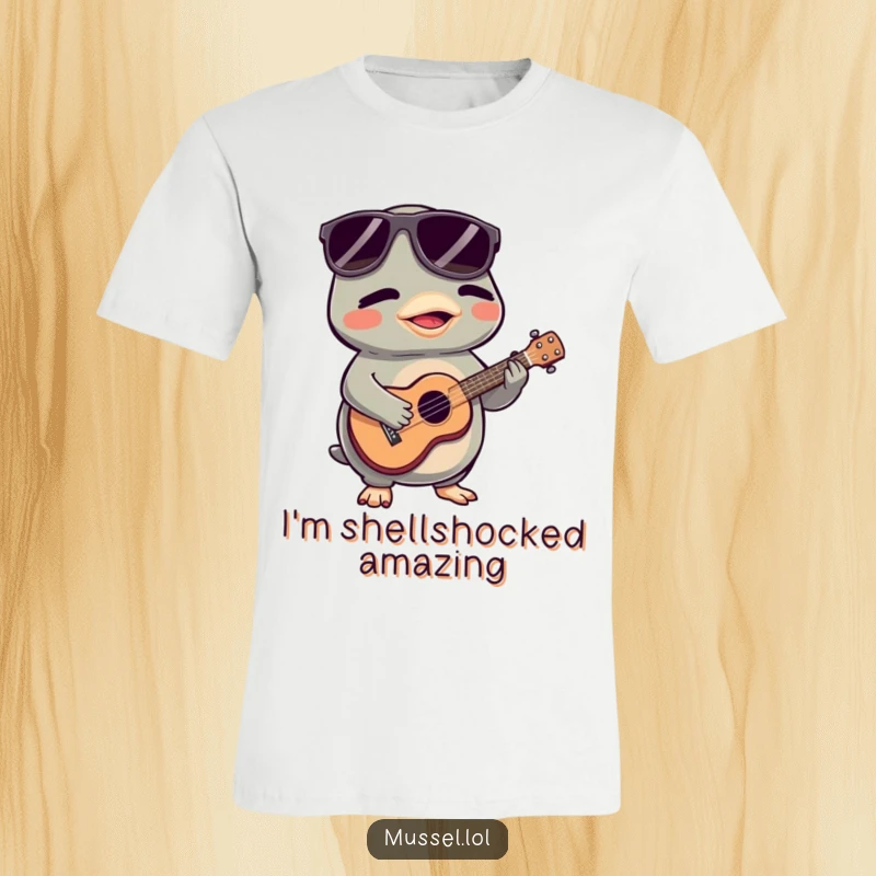Funny Mussel T-Shirt: A hip mussel character in sunglasses plays a tiny ukulele, radiating cool vibes and musical joy.