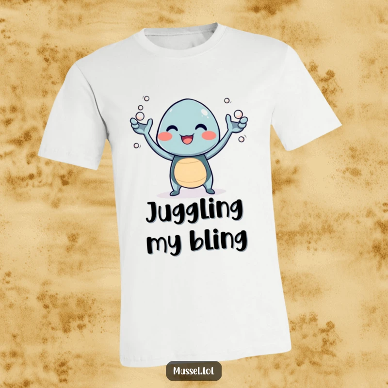 Funny t-shirt depicting a giggling mussel character joyfully juggling tiny pearls with its arms, radiating happiness.