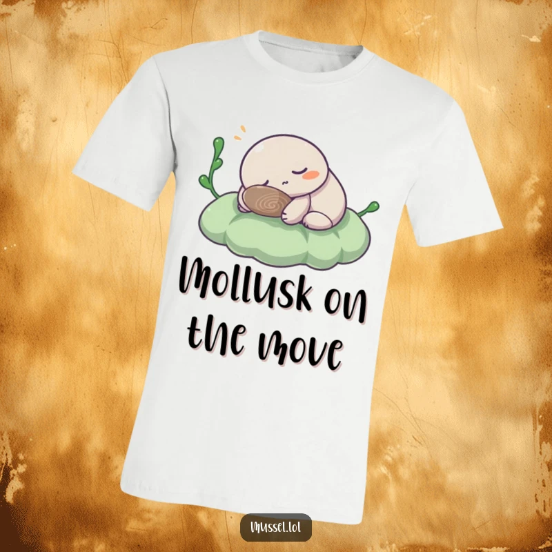 Funny Mussel T-Shirt: A comical mussel character peacefully napping on lush seaweed, showcasing its relaxed and easygoing nature.