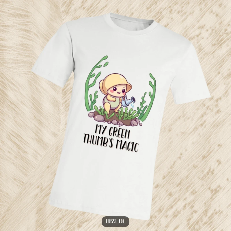 Funny Mussel T-Shirt: A mussel waters a tiny kelp garden, a heartwarming scene of dedication and nature's beauty.