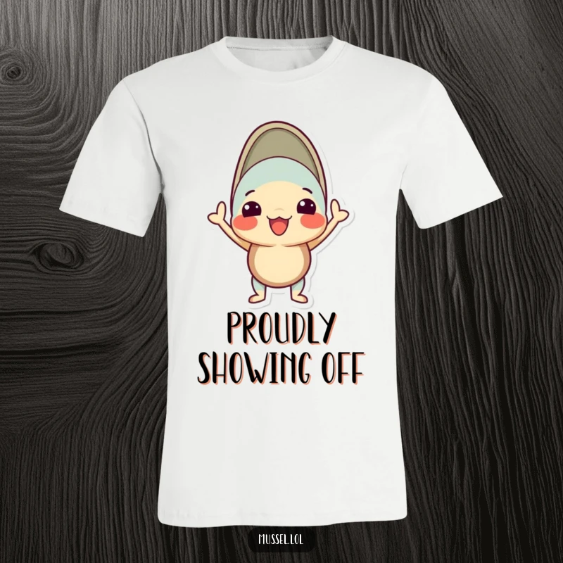 Funny mussel t-shirt of a character in a proud, silly pose with its shell open, exuding confidence.