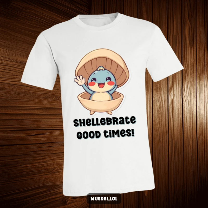 Funny t-shirt depicting a smiling mussel character enthusiastically waving hello from its inviting open shell.
