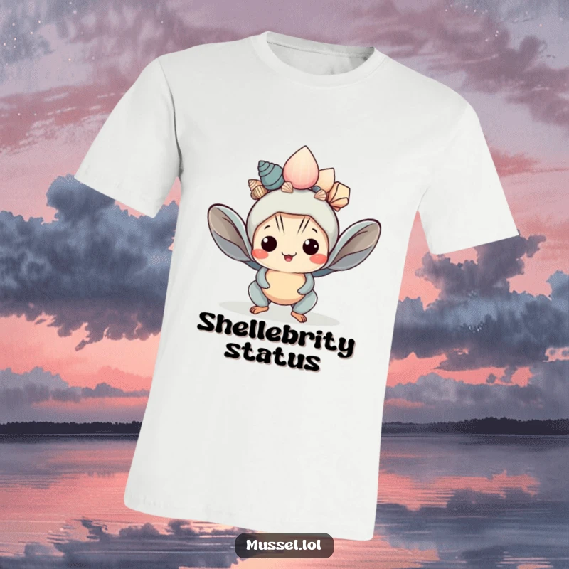Funny Kawaii Mussel T-Shirt: A cute mussel character wears a crown of seashells, showcasing playful and regal charm.