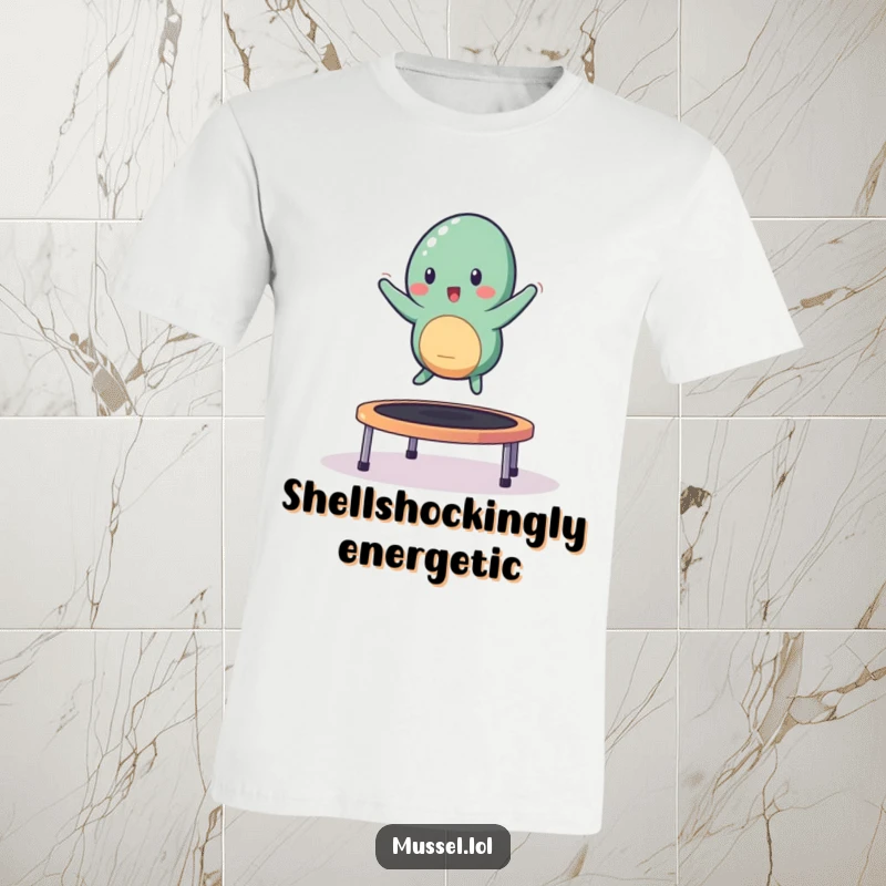 Funny mussel character joyfully bouncing on a small trampoline, featured on a t-shirt.