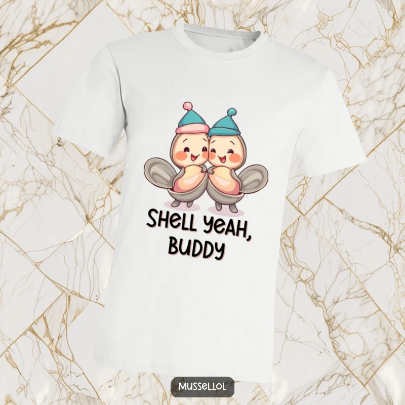 Two funny mussels in jaunty caps, playfully bumping shells, printed on a soft t-shirt, celebrating friendship humor.