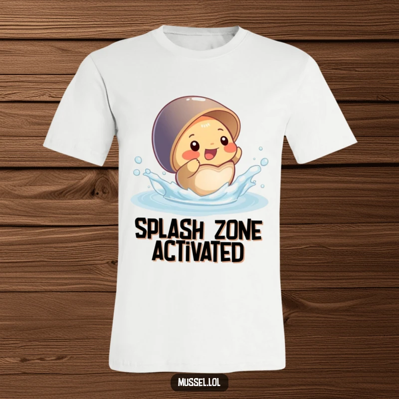 Funny t-shirt depicting a happy mussel character energetically splashing water from its open shell, a joyful and wet scene.