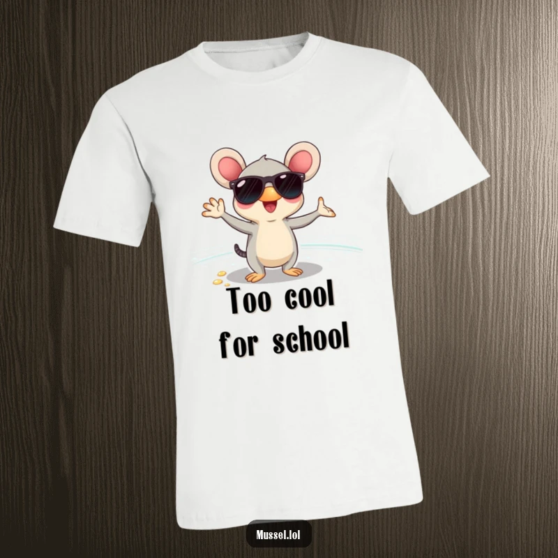 Funny mussel character in sunglasses, striking poses on a beach, printed on a soft t-shirt, ultimate beach cool.