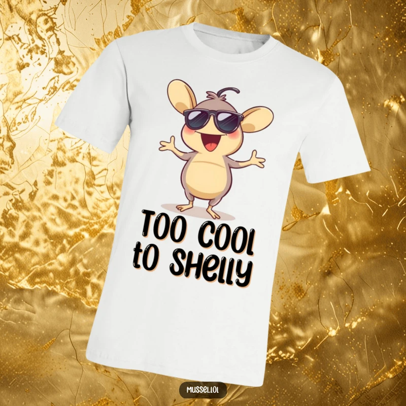 Funny t-shirt showing an excited mussel wearing sunglasses and dancing a lively jig, radiating cool, upbeat, and party-ready energy.