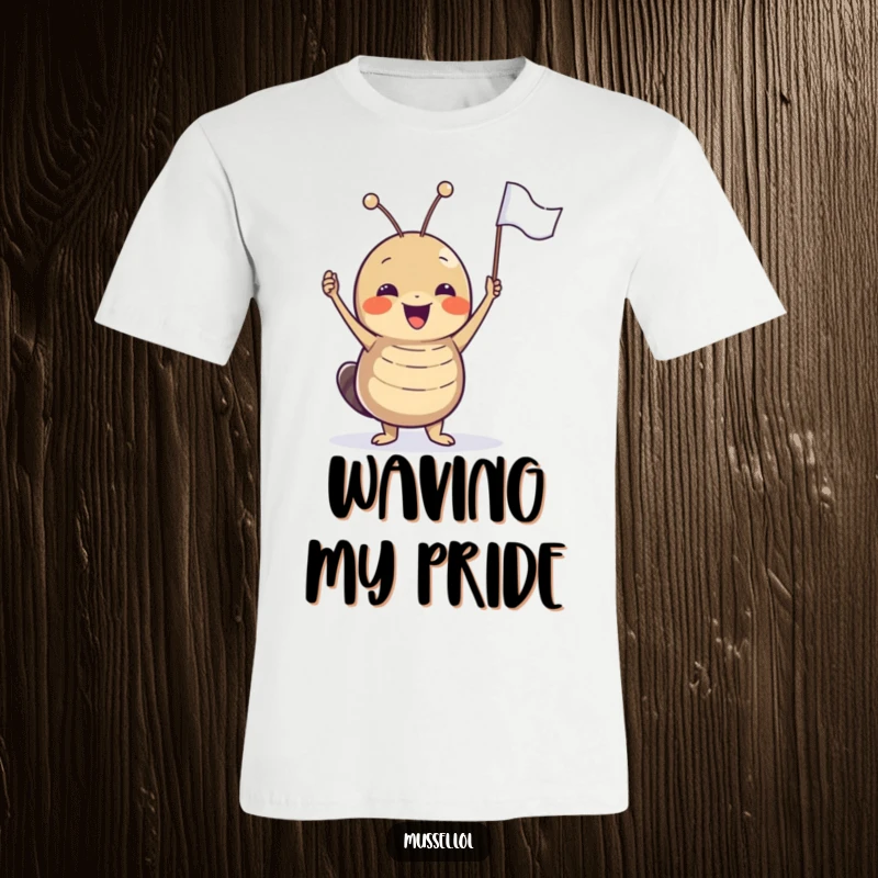 Funny joyful mussel character excitedly waving a tiny flag, a celebratory and humorous t-shirt.