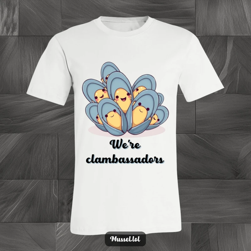 Funny mussel t-shirt with a happy group of mussels waving their tiny hands, conveying togetherness and fun.