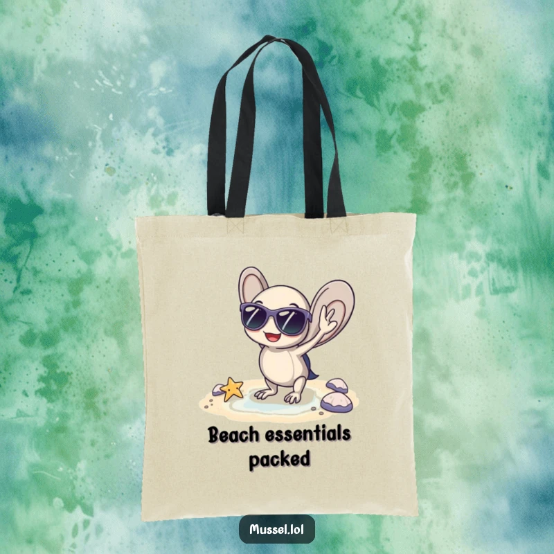 Funny tote bag featuring a mussel with sunglasses, posing coolly by a tiny beach, perfect for beach trips and as a funny gift.