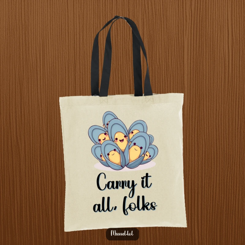 Funny mussel tote bag with a group of happy mussels waving their tiny hands, ideal for stylish and humorous carrying.