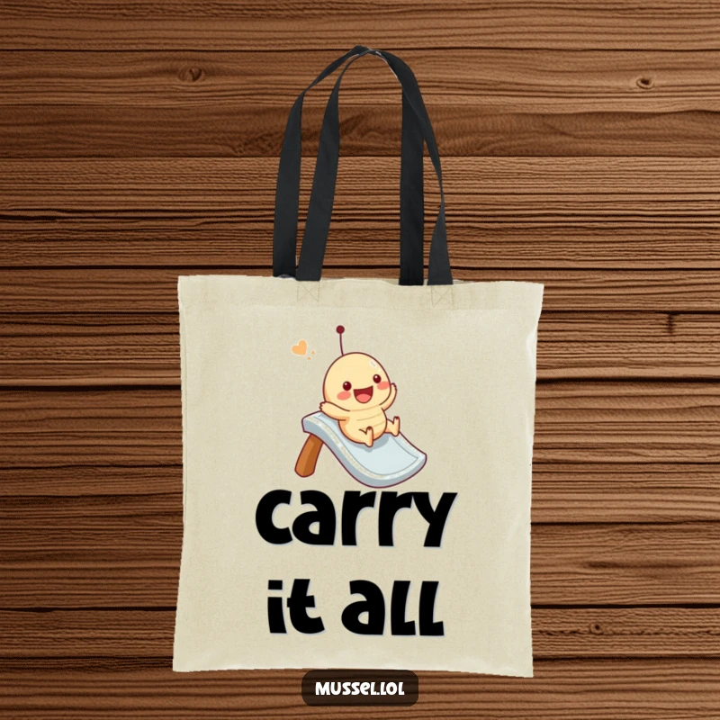 Funny mussel tote bag with a character joyfully sliding down an imaginary slide, perfect for carrying groceries with humor.