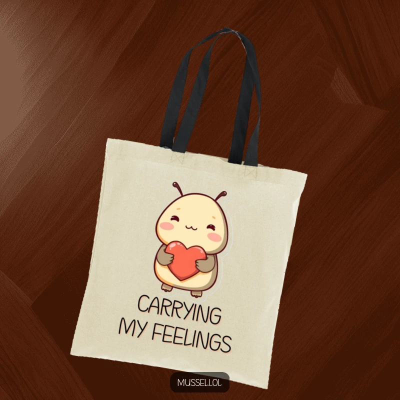 Funny tote bag with a shy mussel blushing and holding a heart, perfect for carrying items with a sweet and humorous message of love.
