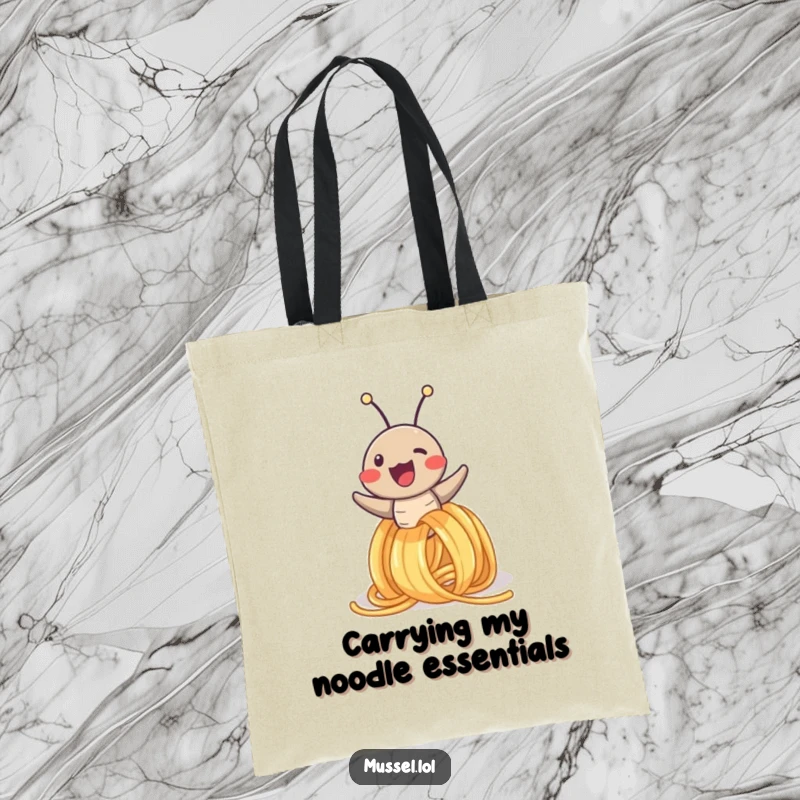 Funny tote bag featuring a jubilant mussel character embarking on an exciting slide down a spaghetti noodle, ready for any adventure.
