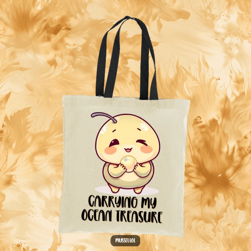 Funny Mussel Tote Bag: A winking mussel character holds a glowing pearl, making this tote bag a stylish and humorous accessory.