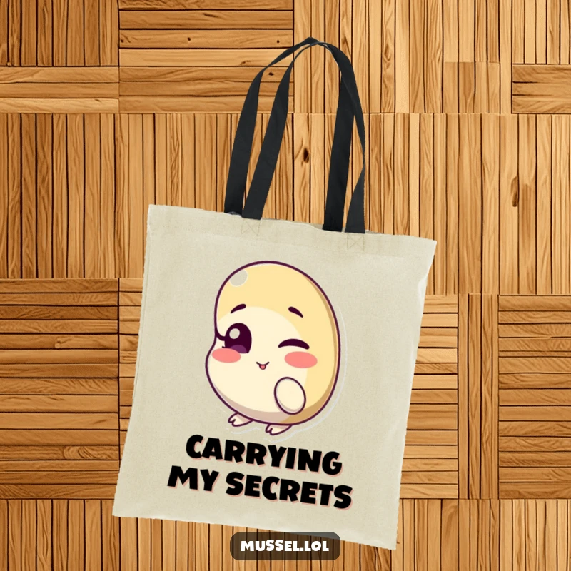 Funny tote bag with a mussel character winking with one eye slightly ajar, perfect for carrying items with a playful touch.