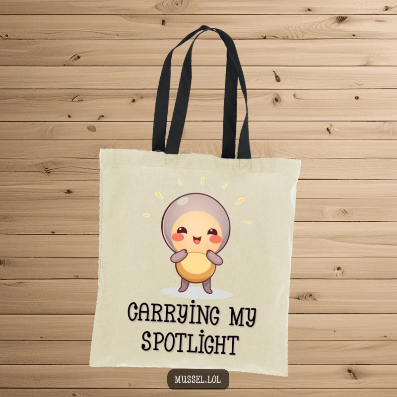 Funny Mussel Star Tote Bag: A mussel character dramatically posing under a spotlight, perfect for humorous daily adventures.