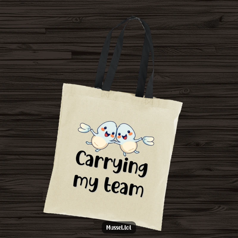 Funny Mussels Tote Bag depicting a pair of mussels in a hilarious synchronized swim, ideal for carrying your items with aquatic flair, a great funny gift.