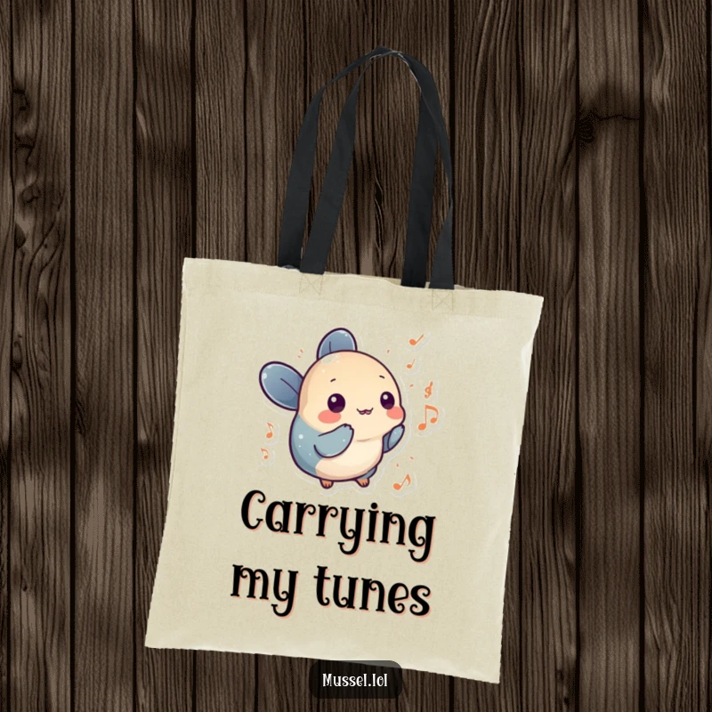 Funny mussel character surrounded by musical notes, depicted on a tote bag for a humorous and practical accessory.