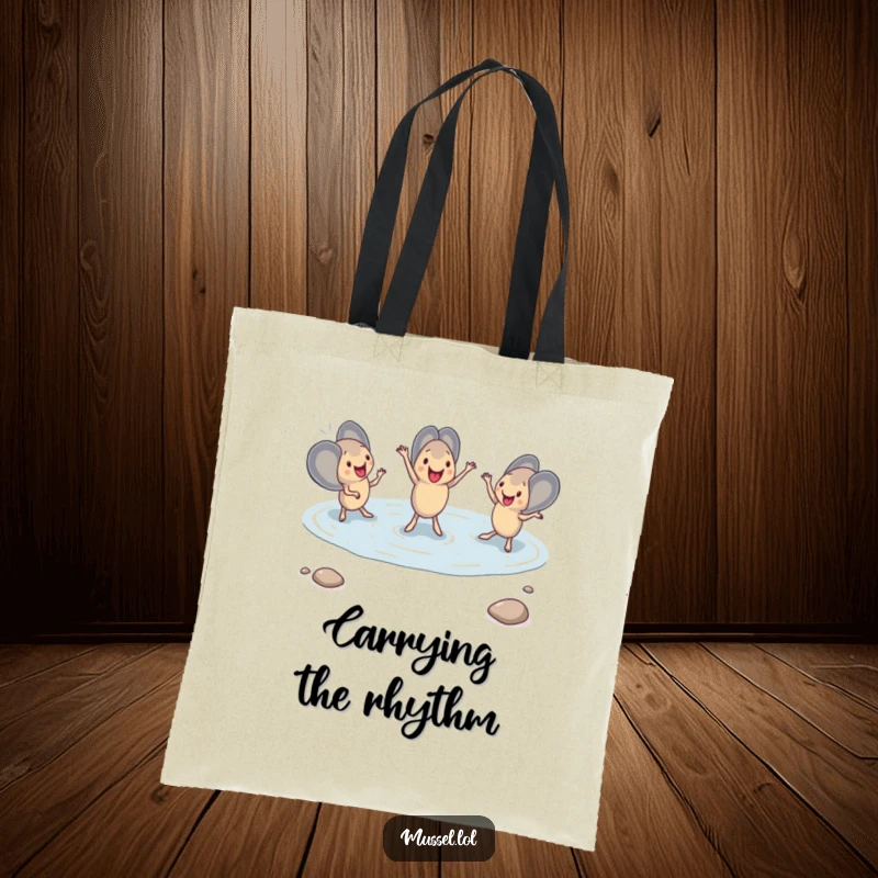Funny Mussel Dance Tote Bag illustrating mussels in a coordinated dance routine within a tide pool, perfect for carrying items with seaside charm.