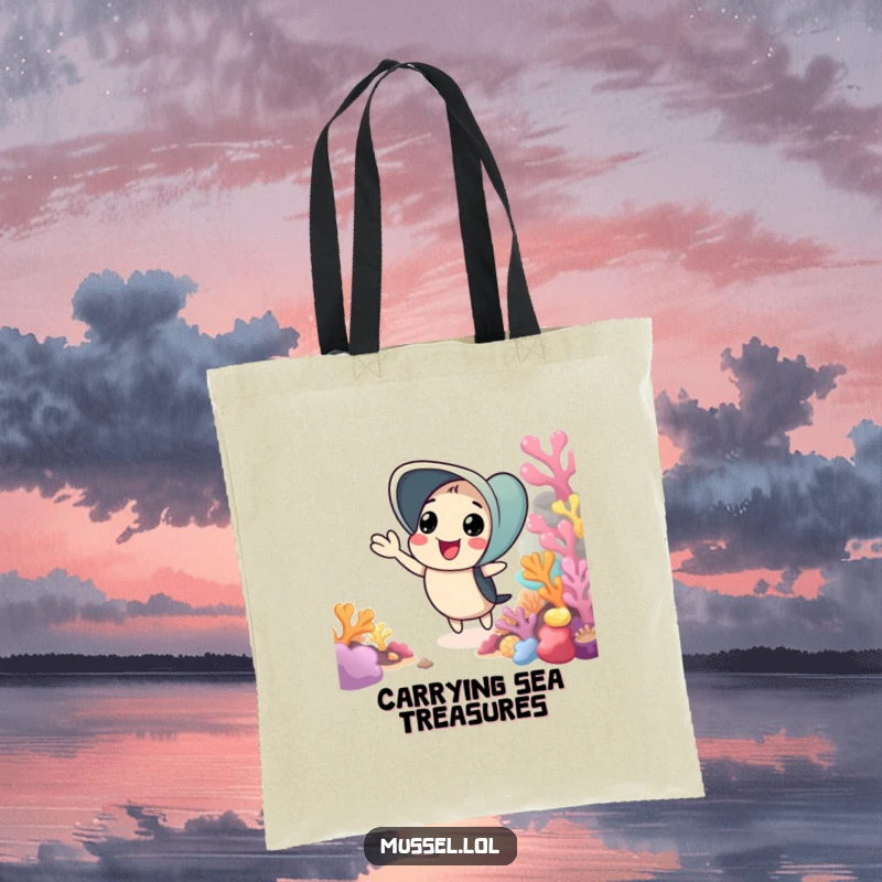 Funny tote bag with a mussel cheerfully waving from a colorful coral reef, perfect for carrying essentials with a smile.