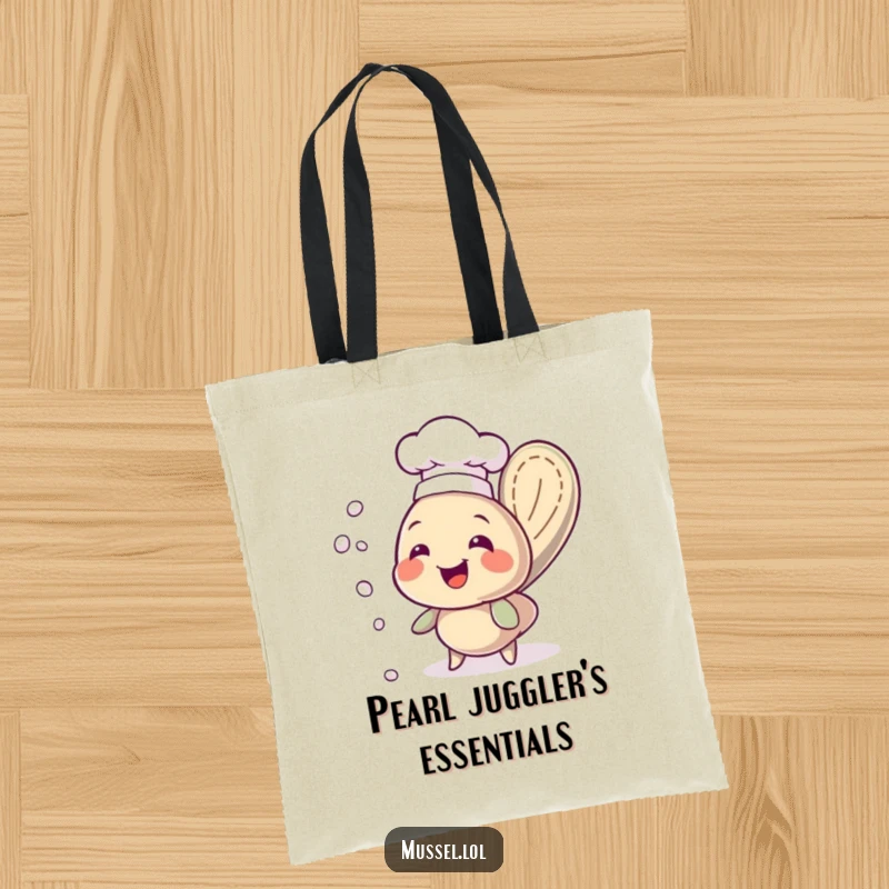Funny chef mussel in a hat, juggling pearls, depicted on a durable tote bag, ready for shopping or errands.