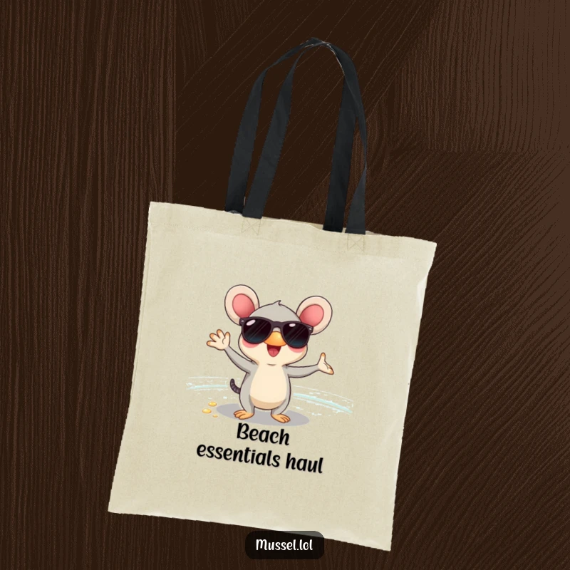 Funny mussel in sunglasses, posing coolly on a beach, featured on a durable tote bag, perfect for beach days.