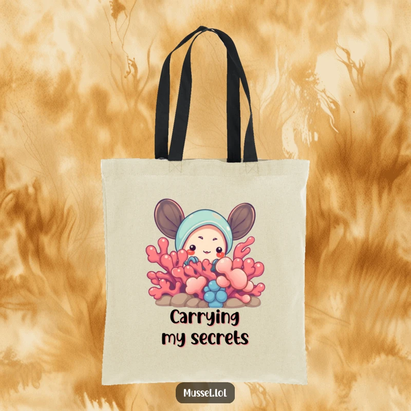 Funny Mussel Tote Bag: A curious mussel character peeking from behind colorful coral, ideal for carrying essentials with a playful vibe.