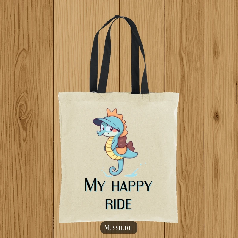 Funny Giggling Mussel Tote Bag depicting a mussel giggling happily while riding a friendly blue seahorse, ideal for carrying items with seaside cheer.