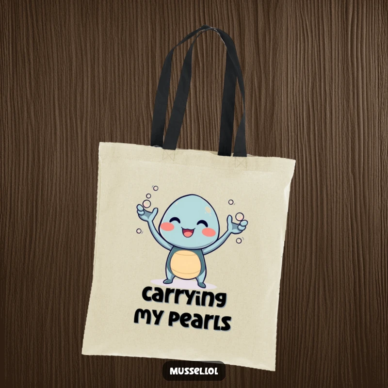 Funny tote bag with a giggling mussel character juggling tiny pearls, perfect for carrying treasures and smiles.