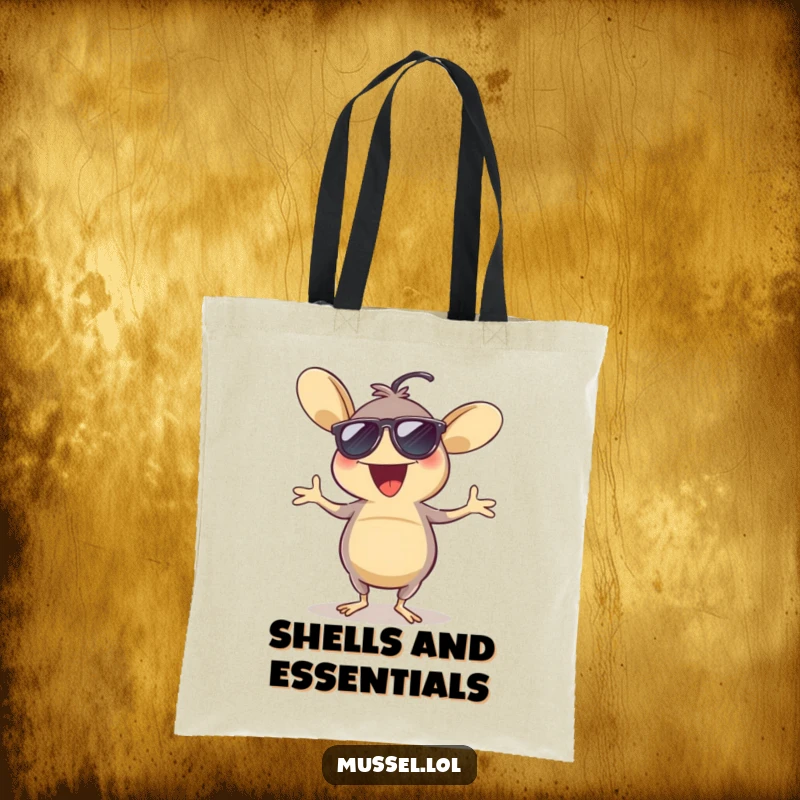 Funny tote bag featuring an excited mussel wearing sunglasses, dancing a jig, perfect for carrying items with a cool, humorous flair.