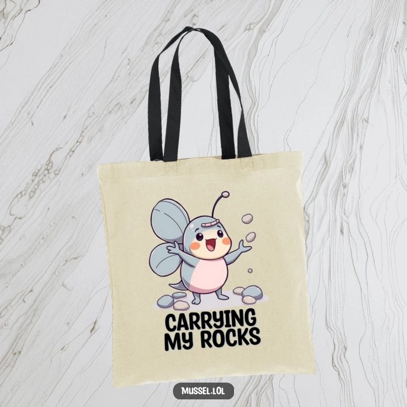 Funny mussel character juggler tote bag, enthusiastically juggling pebbles, ready for errands.