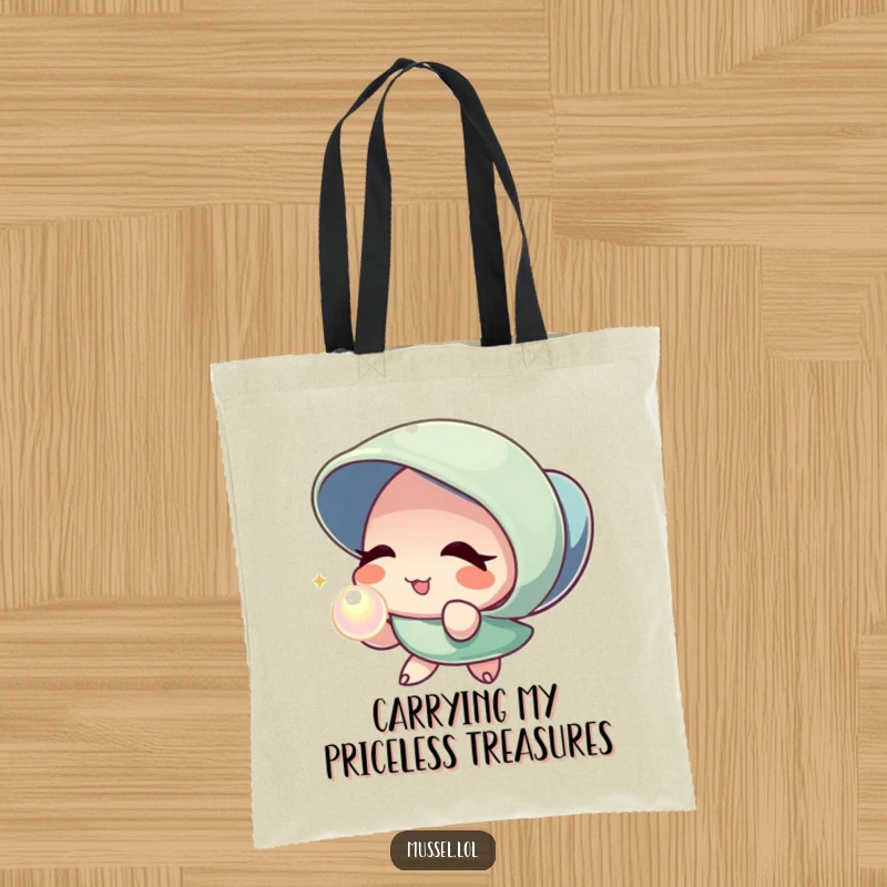 Funny Mussel Pearl Wink Tote Bag: A spacious tote bag featuring a mussel character winking and offering a shimmering pearl, great for shopping.