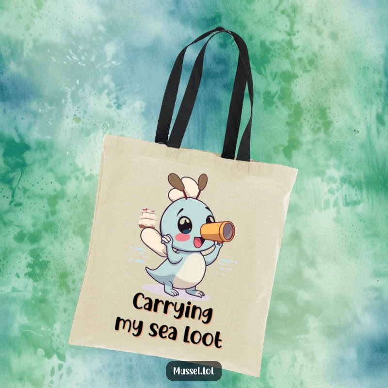 Funny Mussel Tote Bag: Featuring a mussel with a spyglass, ready for discovery, perfect for carrying groceries or beach finds.