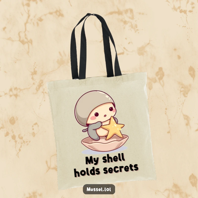 Funny mussel tote bag illustrated with a mussel character trying to balance a starfish on its shell, emphasizing playful marine humor.