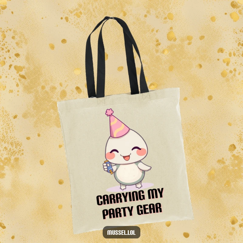 Funny Mussel Tote Bag with a charming mussel character wearing a party hat and holding a noisemaker, perfect for carrying fun, a great funny gift.