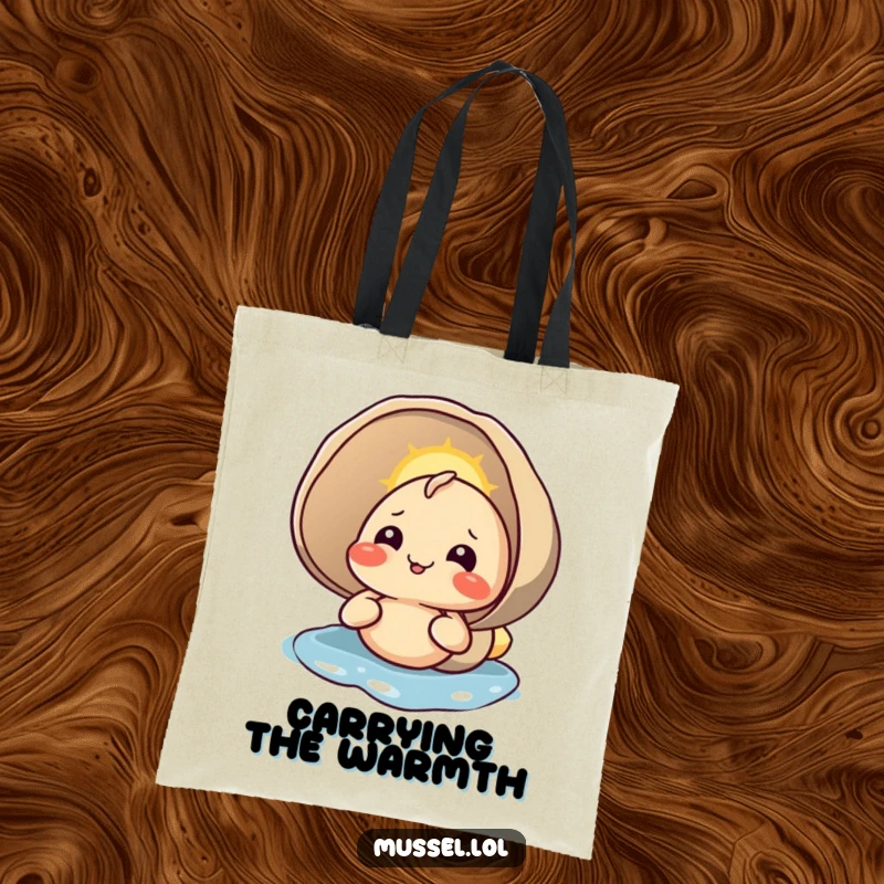 Funny tote bag depicting a happy mussel character basking in the sunlight on its shell, a serene and functional accessory.