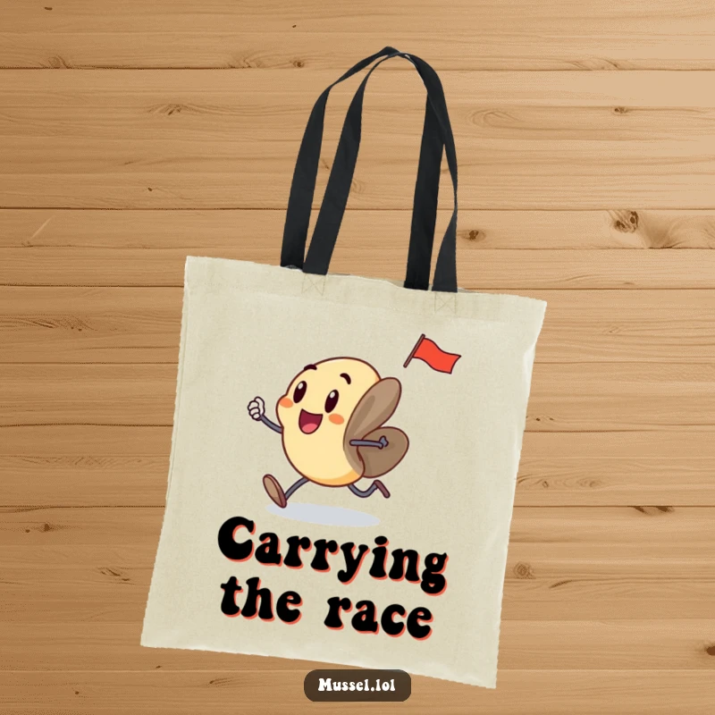 Funny mussel with tiny legs, running with a flag, looking excited, featured on a sturdy tote bag for everyday use.