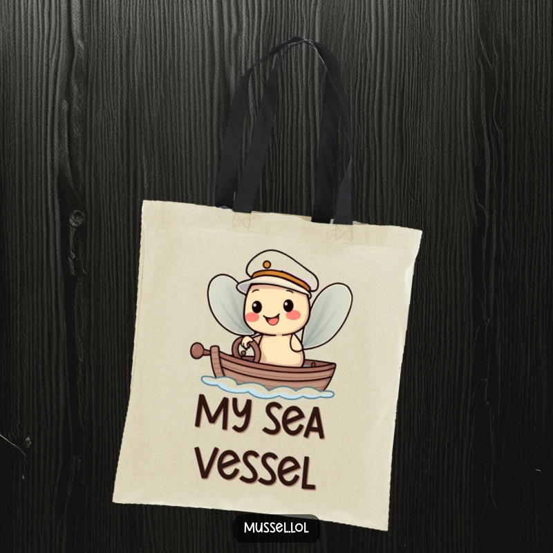 Funny Tote Bag: A smiling mussel character wearing a sailor hat, steering a small boat, perfect for nautical enthusiasts.