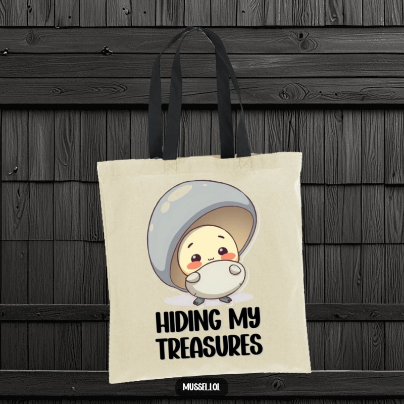 Funny shy mussel character peeking from behind a bigger mussel, depicted on a tote bag for a humorous and practical accessory.