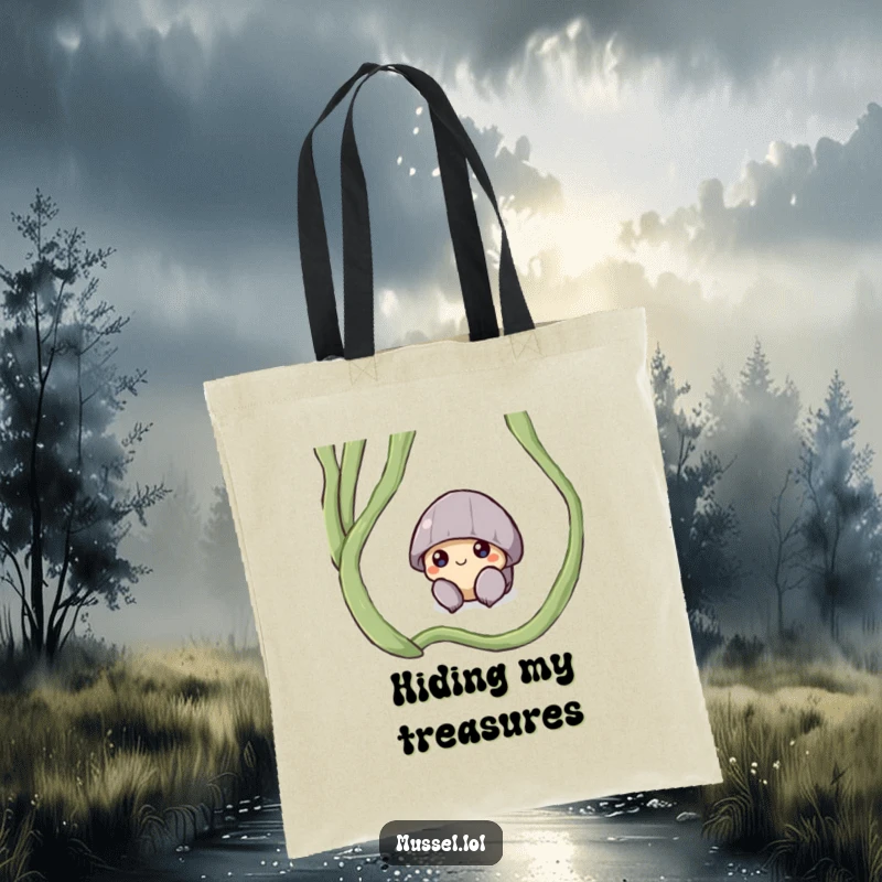 Funny tote bag with a shy mussel character peeking from under a seaweed frond, ideal for discreet carrying.