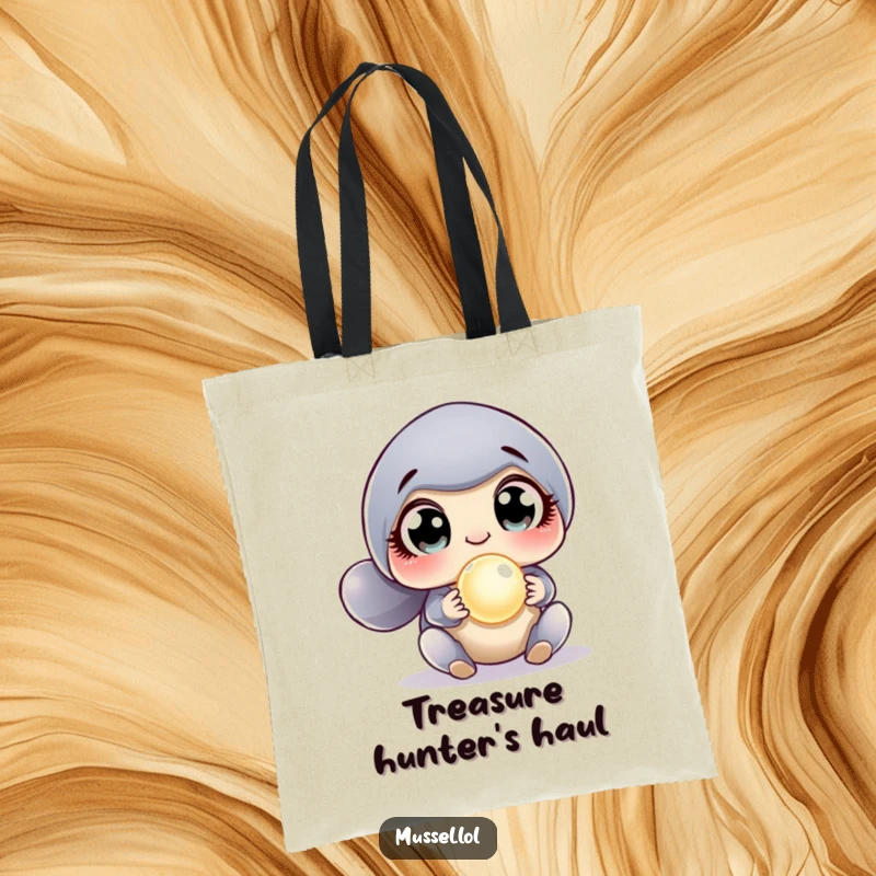 Funny Surprised Mussel Tote Bag showing a mussel's comically shocked expression upon discovering a gleaming pearl, ideal for carrying daily finds.