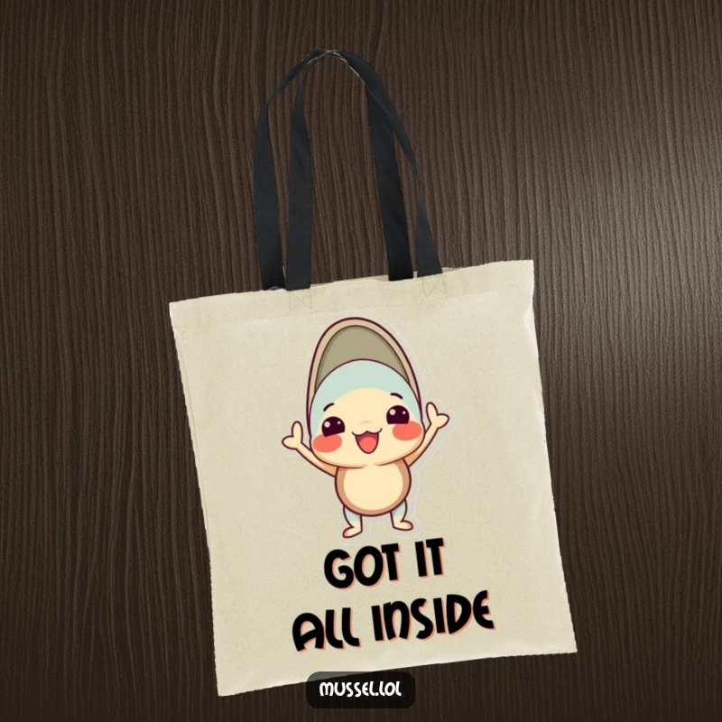 Funny mussel tote bag with a character in a proud, silly pose with its shell open, ideal for stylish carrying.