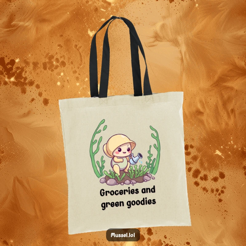 Funny Mussel Tote Bag: A mussel waters a small kelp garden, ideal for carrying books, plants, or market finds.