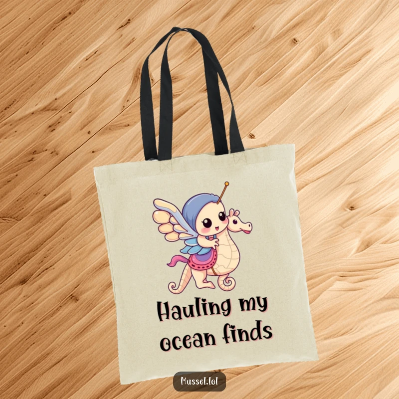 Funny Mussel Tote Bag: A mussel happily rides a carousel seahorse, perfect for carrying everyday items with a playful ocean theme.
