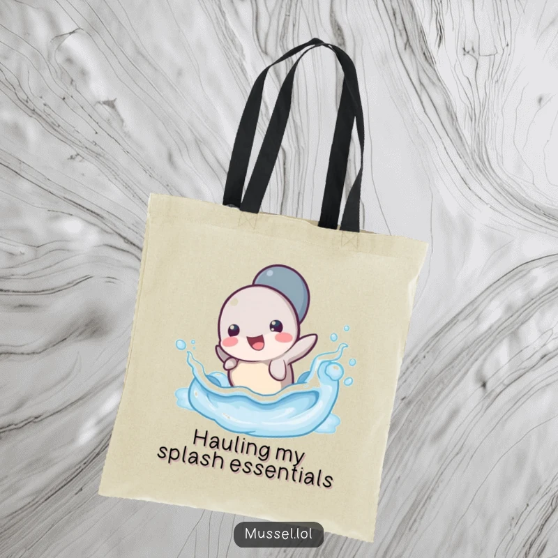 Funny Mussel Wave Splash Tote Bag: A durable tote featuring a mussel character happily splashing in a tiny ocean wave, perfect for carrying beach gear.