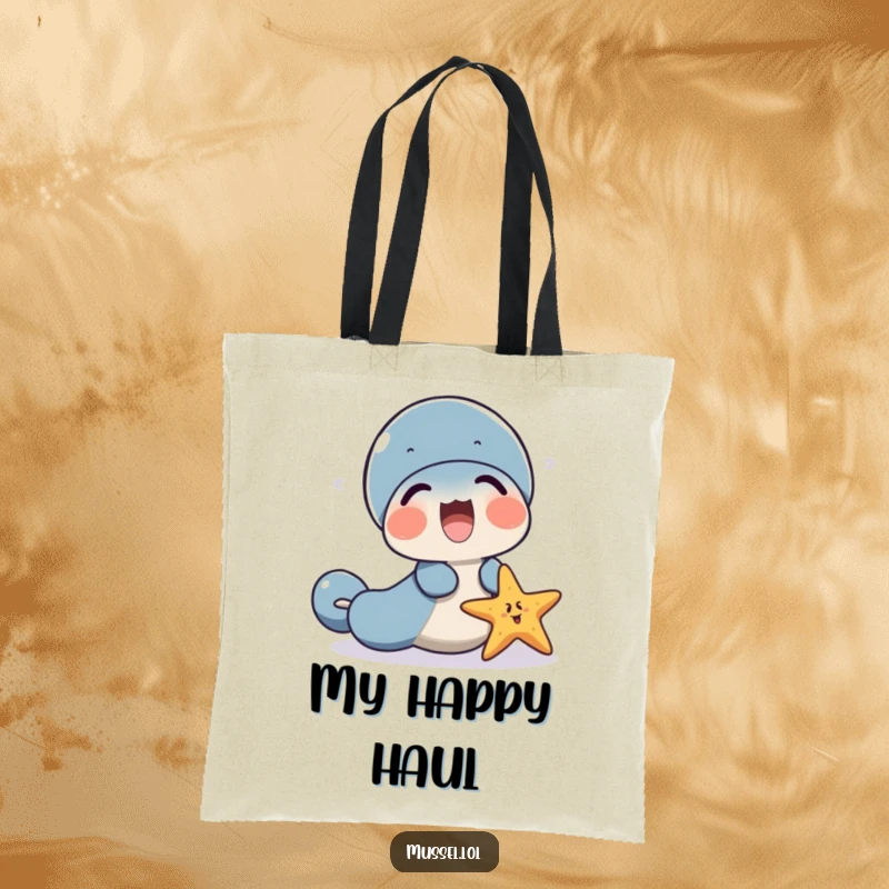 Funny mussel character and a starfish tote bag, sharing a laugh, ready for errands.