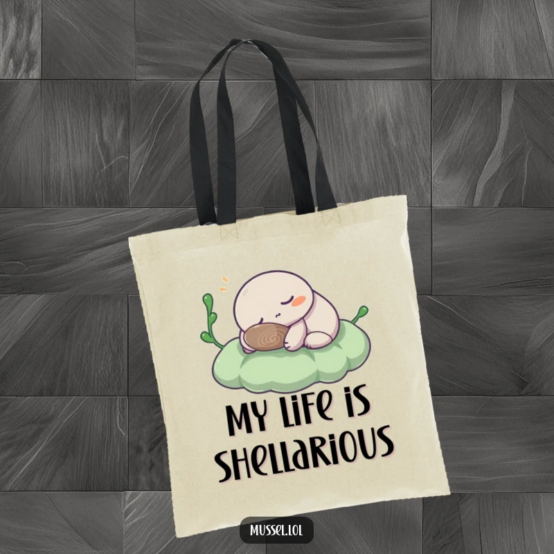 Funny Mussel Tote Bag: A charming mussel character peacefully napping on seaweed, perfect for carrying your beach day essentials with humor.